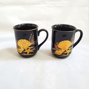 Vintage Otagiri Black Gold Seashell Mugs